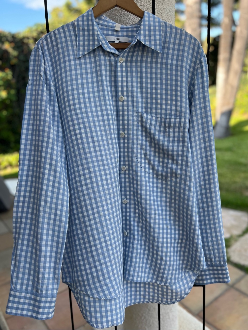 Tibi Women’s Blue Gingham Button-Up Shirt, Size Medium